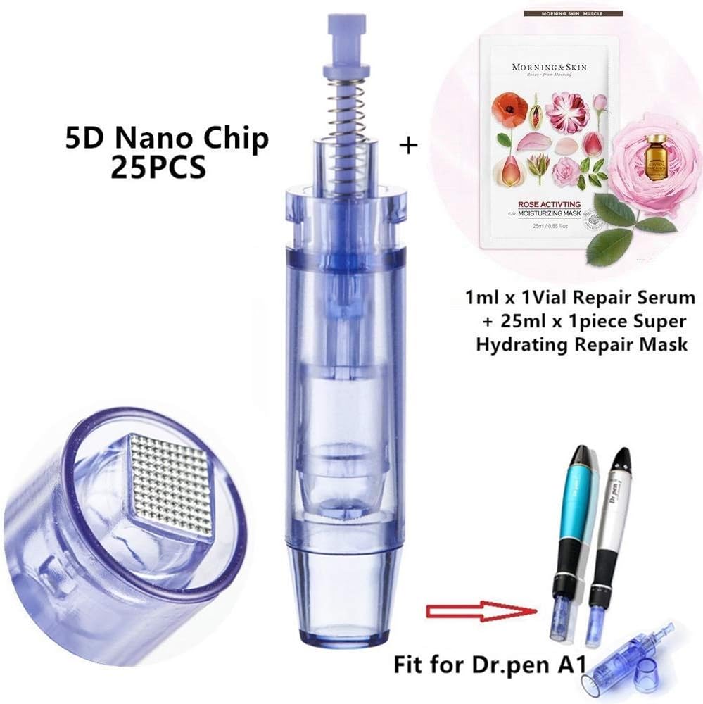 Med SPA Care Dr pen Ultima A1 Dr.pen Derma Microneedling Pen Replacement Cartridges 25 pcs, 1 peice x 25ml Hydrating Rose Mask w/ 1 vial x 1.5ml Serum (5D Nano, 25-Pack)