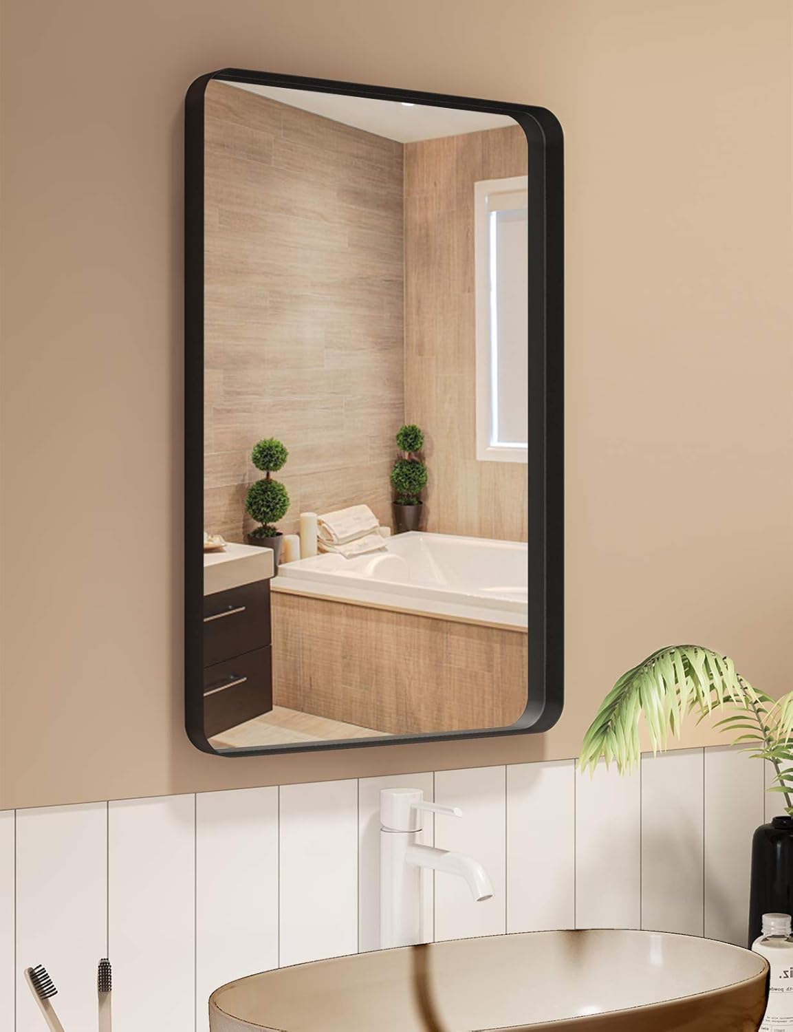 NXHOME Rectangle Metal Frame Wall Mirror for Bathroom 18 x 24 Inch Wall Mounted Vanity Mirror Rounded Corner Black Frame Decorative Mirrors for Living Room Bedroom: Furniture & Decor