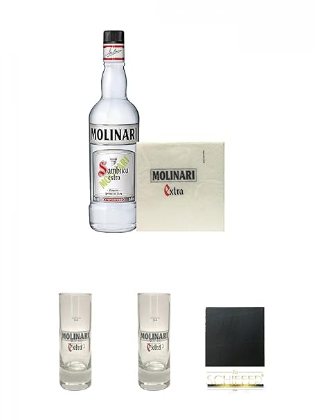 Molinari Sambuca 1,0 Liter + 50 Molinari Servietten + Molinari Sambuca Shotglass 4cl hoch + Molinari Sambuca Shotglass 4cl ho
