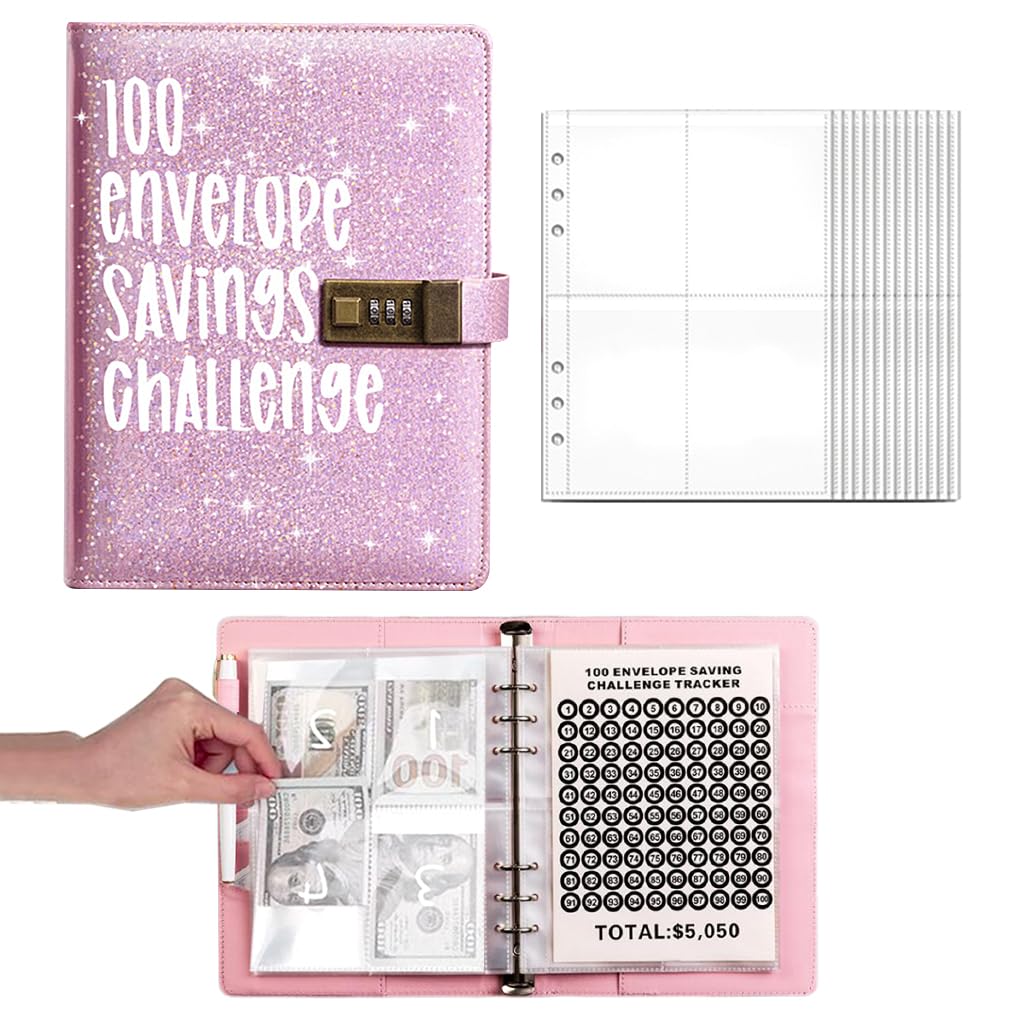 FineInno 100 Envelope Money Saving Binder with Password,Budget Planner Book with Cash envelopes Money Saving Challenge Easy and Fun Way to Save $5050