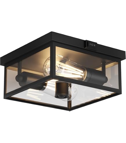 CALOKES Lámpara De Techo De Montaje Al Ras Con Sensor De Movimiento Industrial Para Exterior, Lámpara De Techo Cuadrada De Vidrio Ondulado En Agua Color Negro De 2 Luces Para Porche