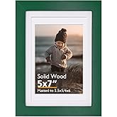 KINLINK 5x7 Picture Frame Green, Solid Wood Frame 5x7 with Acrylic Plexiglass for Pictures 4x6 With Mat,Tabletop and Wall Display, 5 x 7 Picture Frame Set of 1