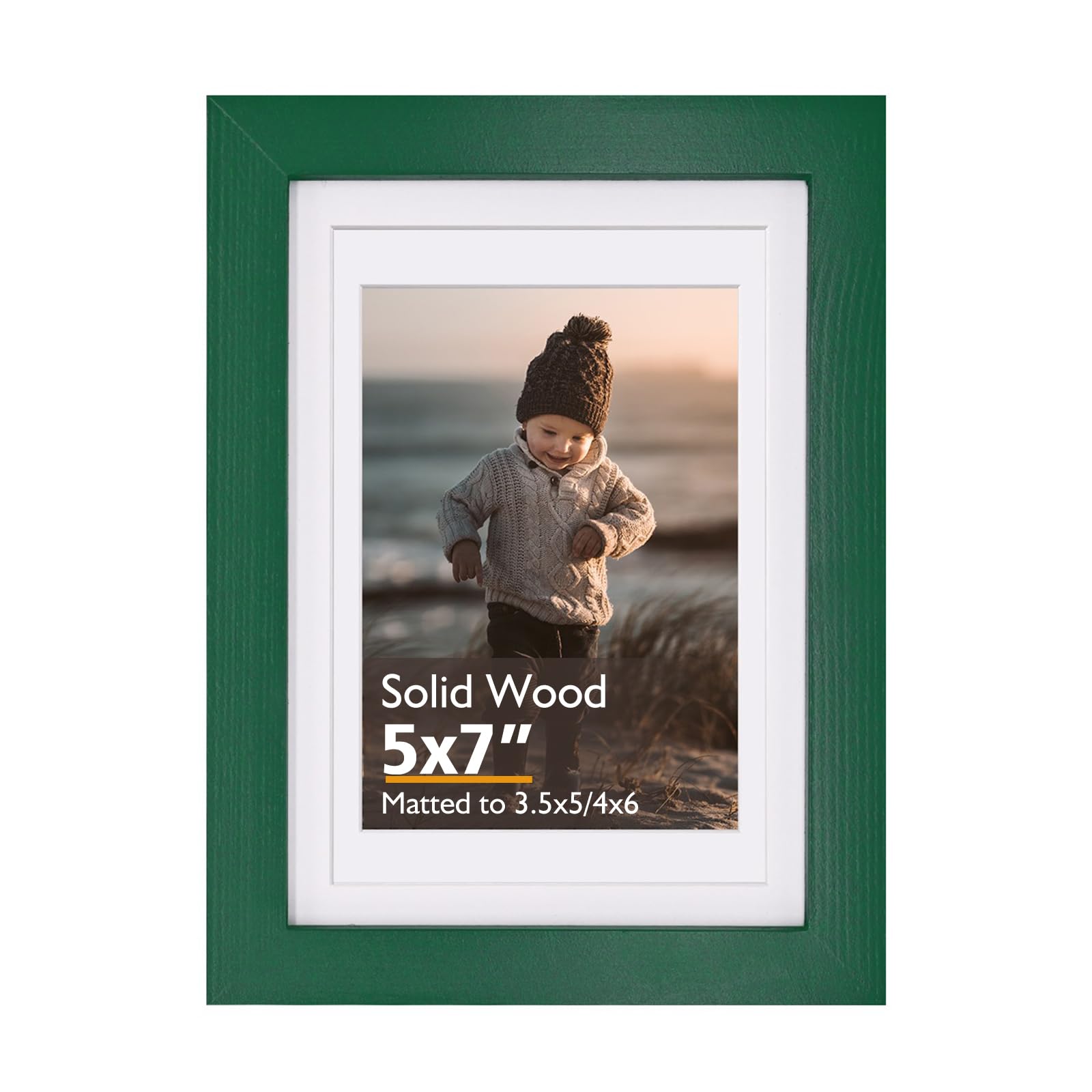Photo 1 of KINLINK 5x7 Picture Frame Green, Solid Wood Frame 5x7 with Acrylic Plexiglass for Pictures 4x6 With Mat,Tabletop and Wall Display, 5 x 7 Picture Frame Set of 1