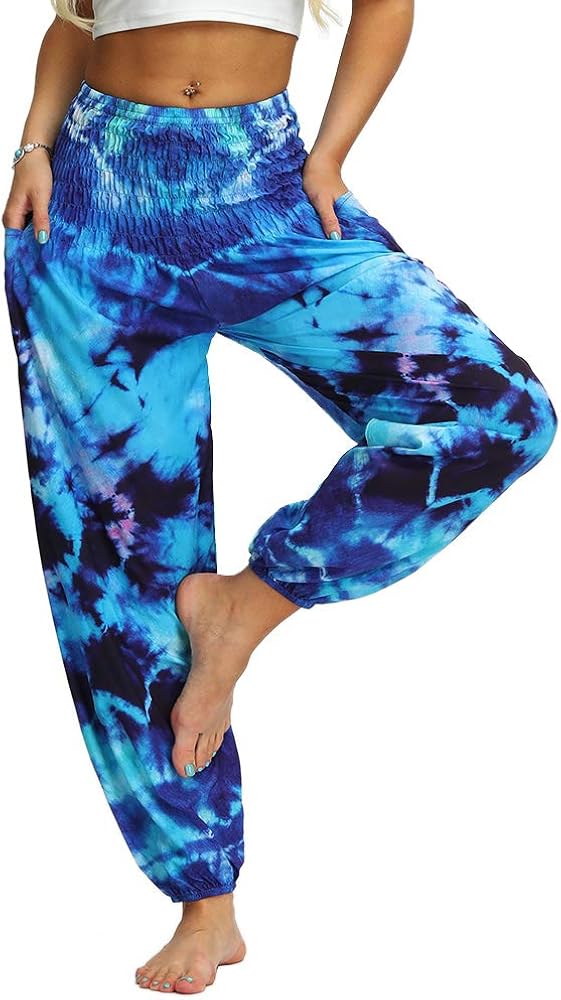 Nuofengkudu Women's Hippie Baggy Harem Trousers Smocked High Waist Soft Bohemian Print Colourful Yoga Pants with Pockets Lightweight Flowy Travel Holiday Beachwear (Blue A,One Size)