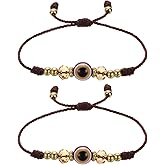 MECCANIXITY Dark Brown Evil Eye Bracelets for Women Men Family 2 Pcs Adjustable String Good Luck Protection Handmade Eye Bracelet Blessing Jewelry