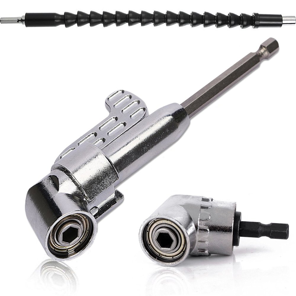 2Pcs 105 Degree 1/4 Inch Right Angle Drill Adapter Hex Shank Screwdriver Angled Bit Holder Power Drill Tool(1Pcs Short and 1Pcs Long) + 1Pcs Flexible Angle Extension Bit Kit for Screwdriver & Drill