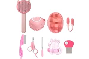 KEEPLKVOC 9PCS Pink Grooming Brush Kit, Self-Cleaning Brush for Removes Shedding Hair, Bath Brush, Massage Glove, Nail Clipper, Flea Comb for Indoor Cats