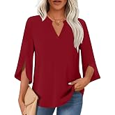 Findsweet Women Blouses Dressy Casual 3/4 Sleeve Tops Business Work Chiffon Office V Neck Shirts M-4XL