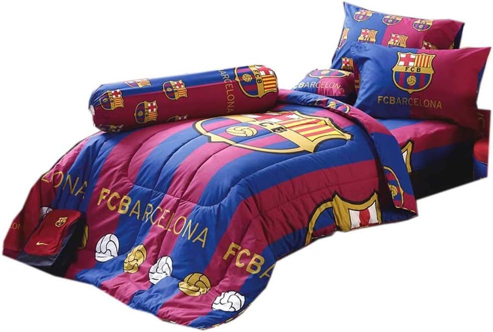 FCB Barcelona Fc Football Club Soccer Team Official Licensed Bedding Set, 1 Fitted Bed Sheet, 2 Pillow Case, 1 Bolster Case, 1 Comforter BC001 Set C+1 (King 72"x78" +Comforter)
