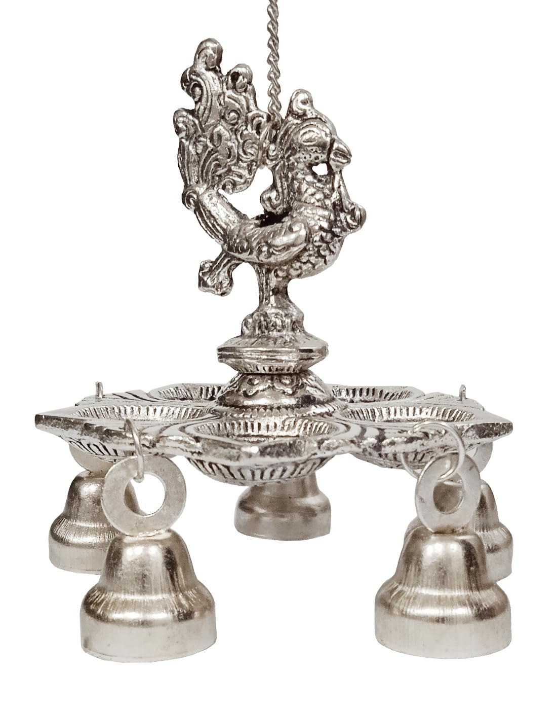 Purpledip Metal Hanging Peacock With Panch-batti Diya: Panchbatti Neela Vilakku Deepak in Silver Finish (12193A)