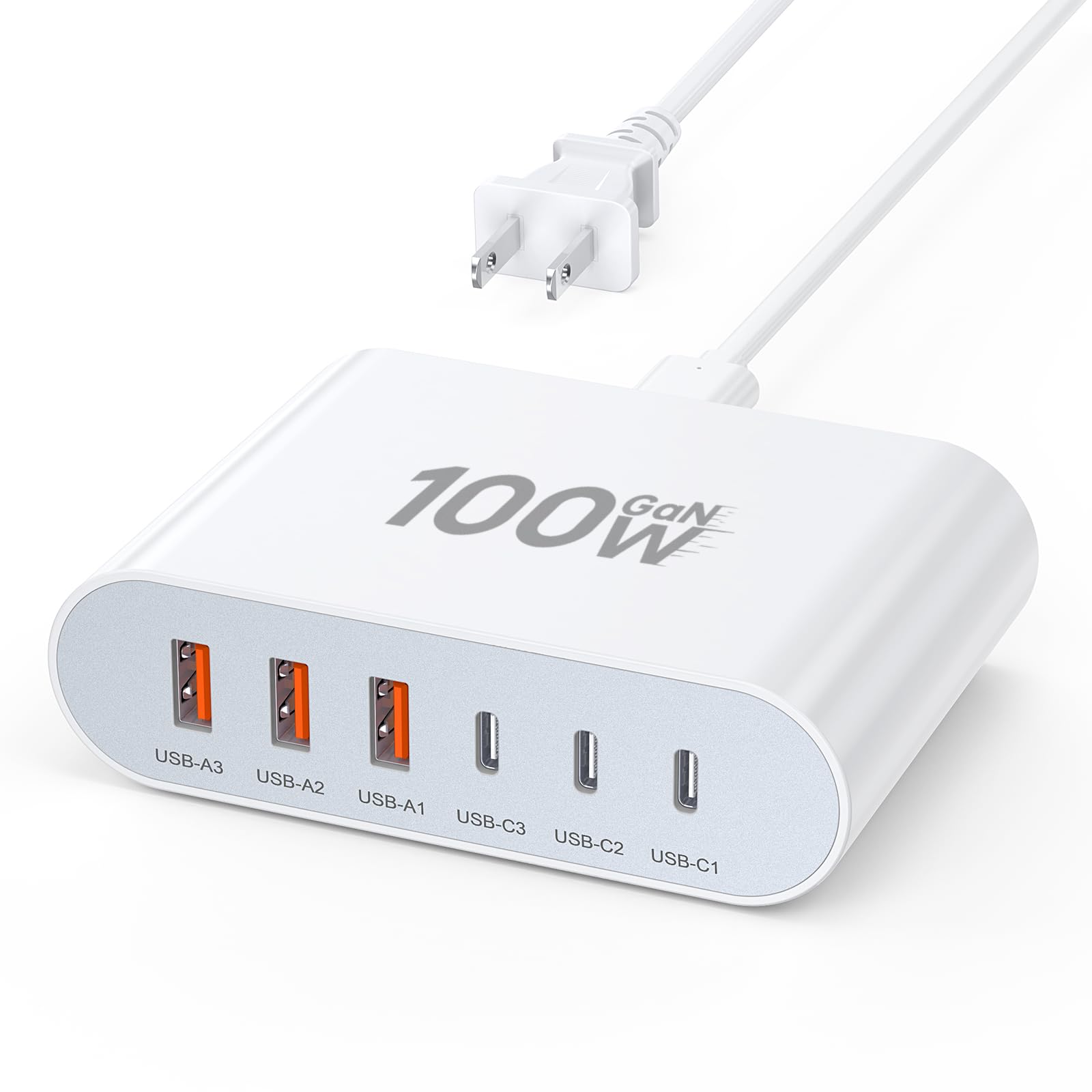Photo 1 of 100W USB C Fast Charger Block Compact GaN 6 Port PD USB C and QC USB A Wall Charger Type C Charging Station Hub Adapter Plug Cube Brick for iPhone 17 16 15 14 Pro Max iPad Pro Air Samsung Pixel LG