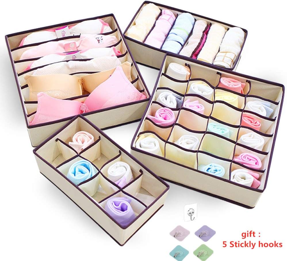 Nifogo Underwear Organiser,Drawer Organisers Collapsible Closet Dividers And Fabric Foldable Storage Box For Bras,Socks,Neck Ties,Scarves, And Any Accessories - 4 Set (Beige)