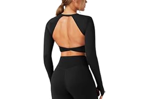 TZLDN Women Long Sleeve Workout Tops Open Back Padded Crop Tops Round Neck Backless Active Sports Shirts Yoga Gym Clothes