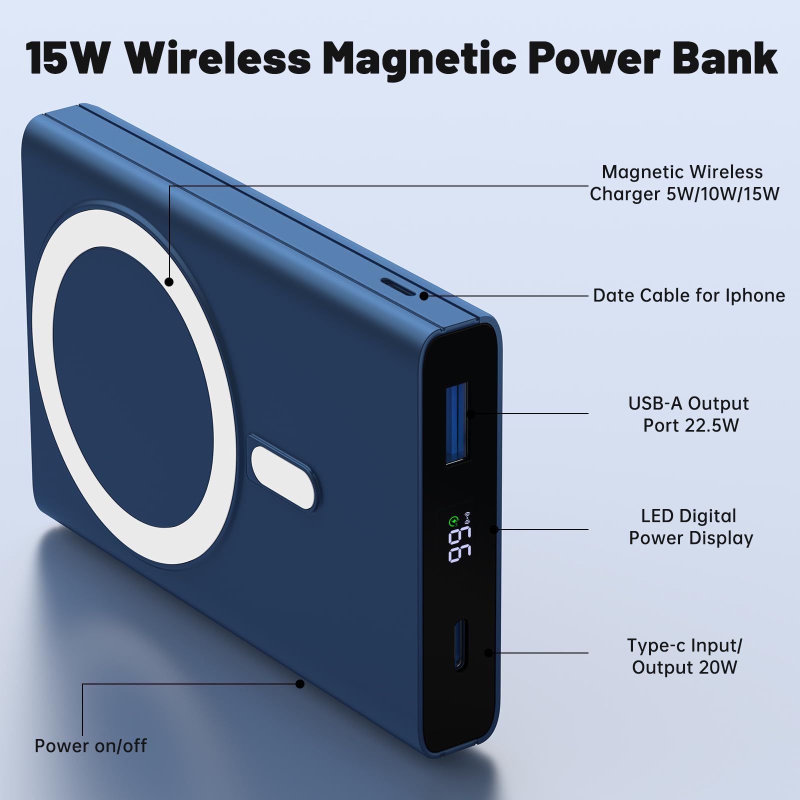 Yiisonger Magnetic Portable Charger - 10000mAh Wireless Power Bank with Stand and USB-C LED Display, Slim Magnetic Battery Pack 22.5W PD Fast Charging for iPhone 15/14/13/12/Pro/Mini/Pro Max