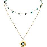 MINACHI Vintage Boho Multi-Layered Chain Necklace with Created Turquoise Bead and Floral Pendant, Boho Fashion Statement Jewelry Gift for Women