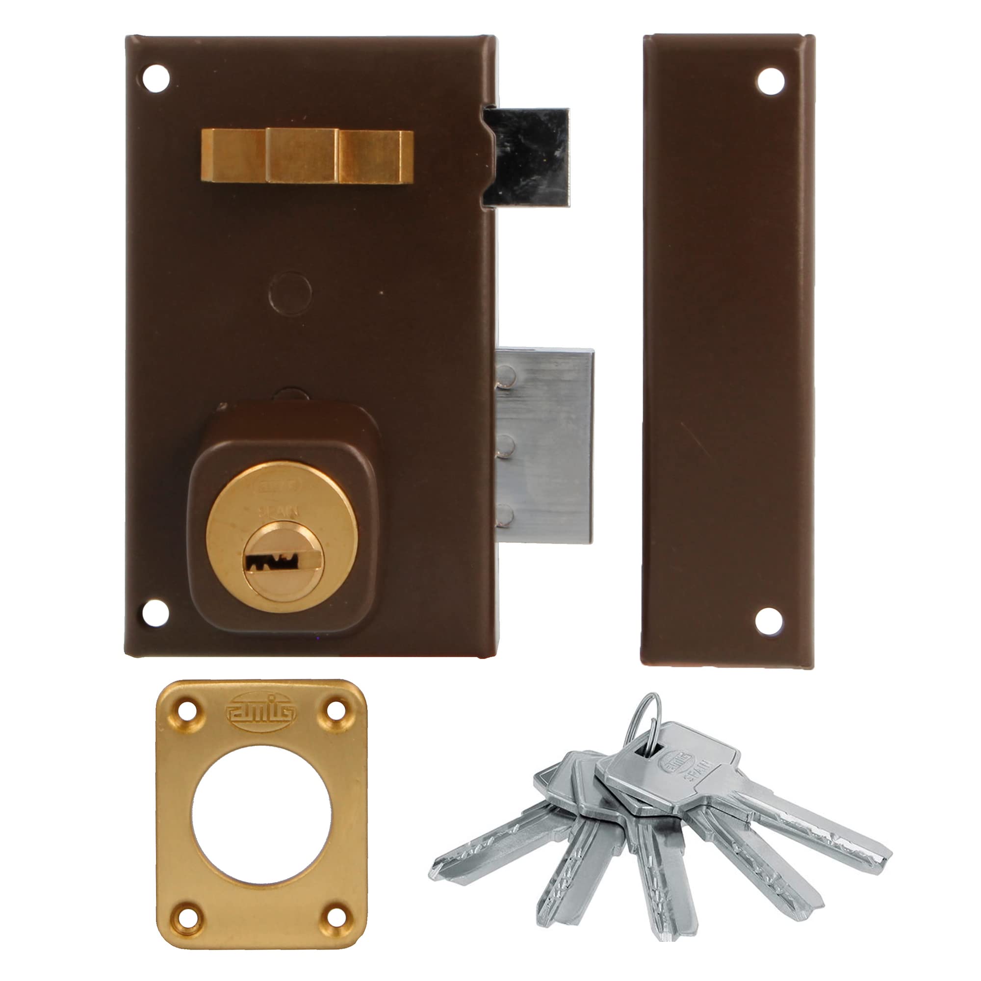 Amig - Surface Mounted Right-Hand Lock with Closing Lever | Latch and Handle for Wooden Doors | Model 75, 67 x 112 mm | Round Security Cylinder | Steel | Brown