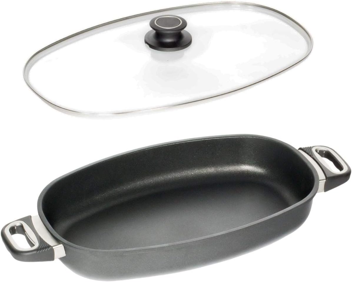 Amt Flacher Brater Induktion Oval Mit Deckel Set Aluguss Antihaftbeschichtet 40x24 Cm Hohe 6 Cm Inhalt 3 L Amazon De Kuche Haushalt