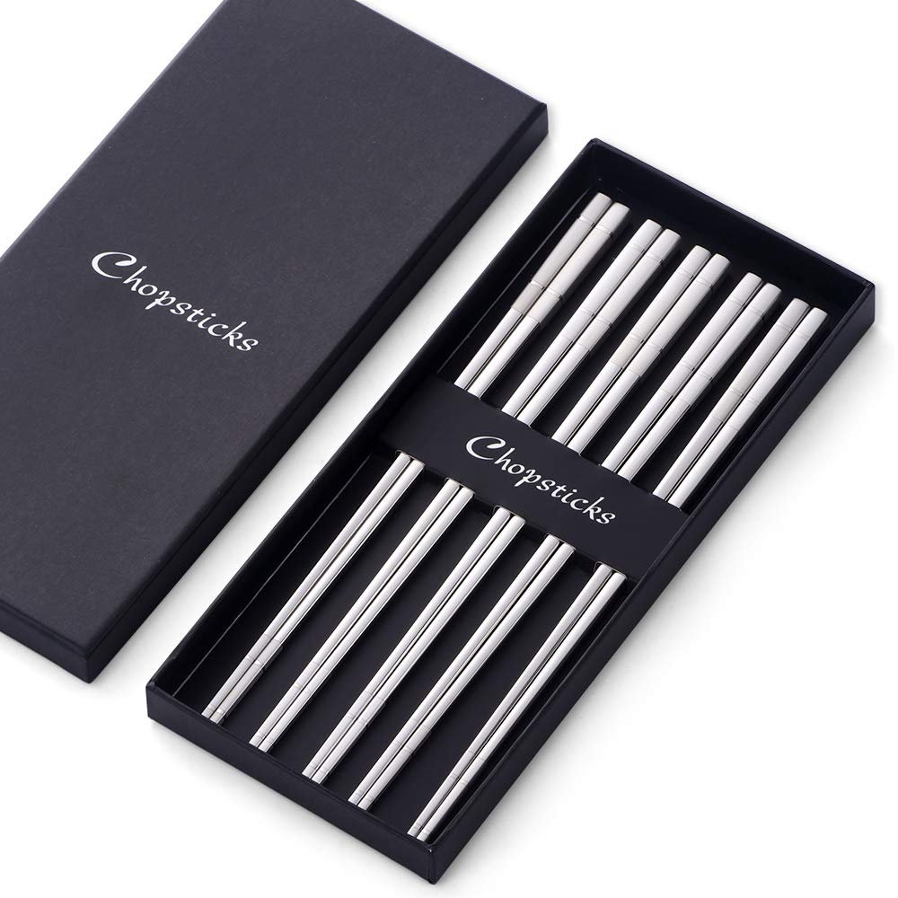 Bisda Reusable Metal Chopsticks Set 5 Pairs Japanese Chopsticks for Korean Sushi Chopsticks 23.5 cm Stainless Steel Silver Chinese Chopstick with Gift Box for Christmas Birthday Party Dishwasher Safe