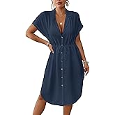 Bsubseach Women 2026 Swimsuit Coverup Button Bathing Suit Cover Ups Short Sleeve Shirt Cover Up Dress Beach Dress