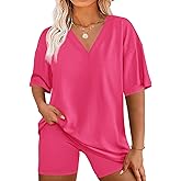 Beautife Womens Plus Size 2 Piece Lounge Sets V Neck Oversized T Shirts Biker Shorts Workout Matching Summer Outfits