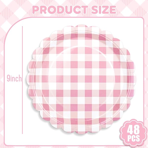 POLINOOK 24 PCS LIGHT BLUE SCALLOPED PAPER PLATES – 9 INCH GINGHAM PAPER PLATES CHECKERED PARTY PLATE – DISPOSABLE PLAID DECORATIVE DINNER DESSERT SERVING PLATE – FOR BABY SHOWER WEDDING BIRTHDAY