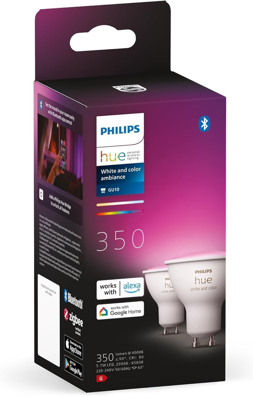 Philips Hue White and Colour Ambiance Smart Light 2 Pack [GU10 Spot] with Bluetooth. Works with Alexa, Google Assistant and Apple Homekit