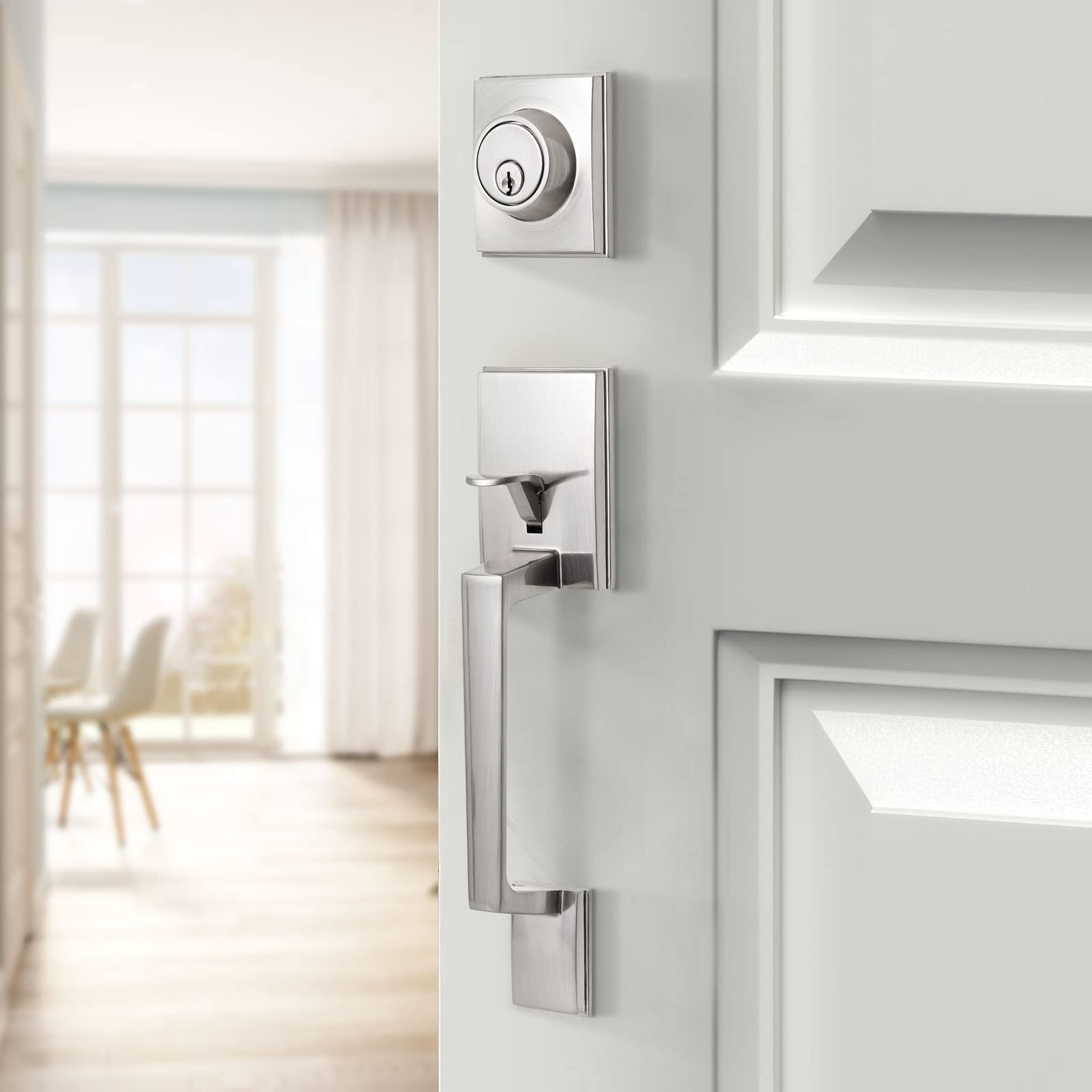 Natsukage Heavy Duty Entry Door Lock Set, Satin Nickel Entrance Handle Set with Single Cylinder Deadbolt and Lever Handle, Reversible for Right & Left Handed Doors