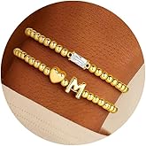 Turandoss Birthstone Beaded Bracelets for Women – Dainty 14K Gold Plated Heart Initial A-Z Charm Birthstone Bracelets, Stackable Waterproof Strand Bead Ball Bracelet Jewelry Birthday Christmas Gifts