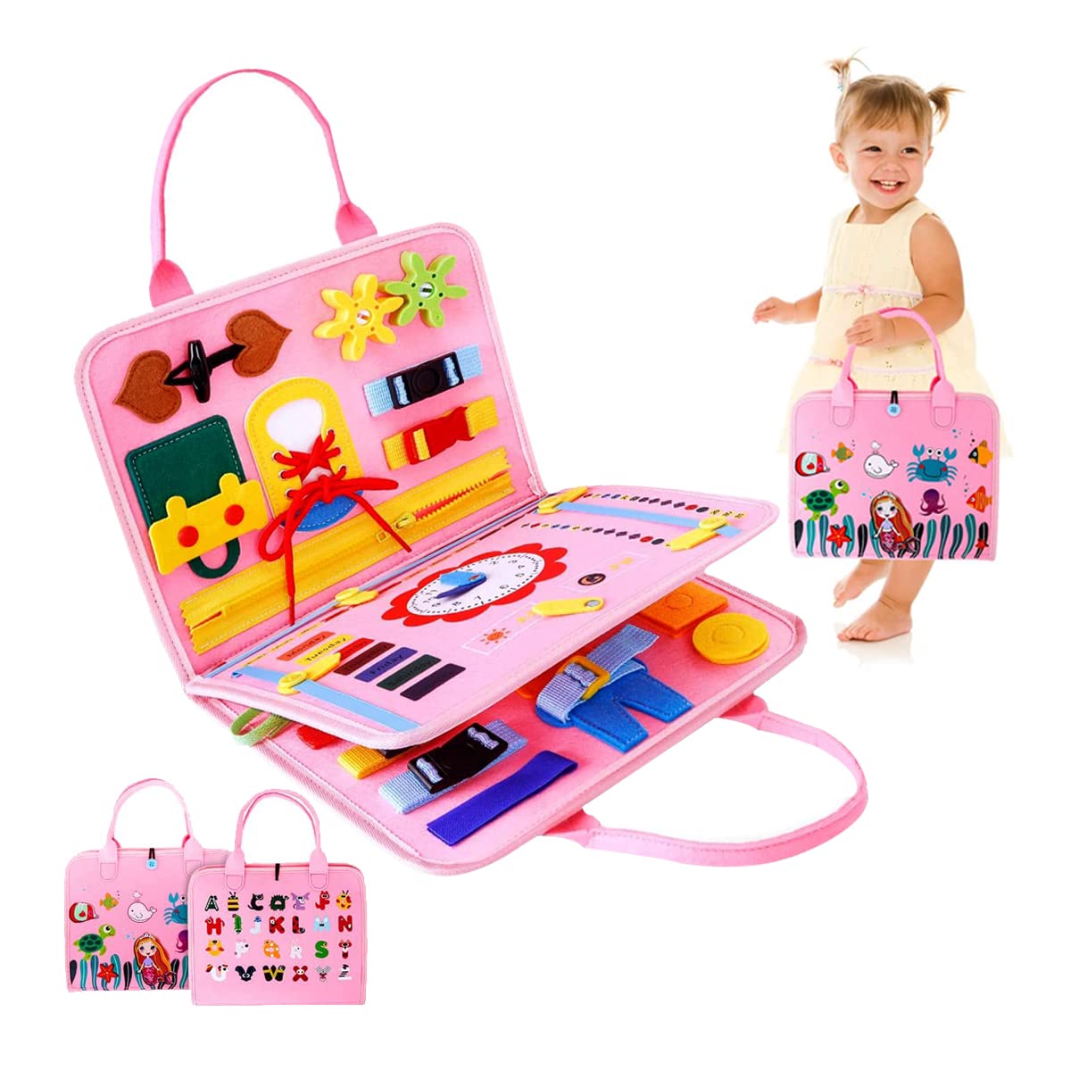 Otcmuky Baby Busy Board Montessori Sensory Toys Toddlers Basic Skills Learn Activity Board Educational Felt Toys & Playboards Gifts for 1 2 3 4 5 Years Old Boys Girls Child Pink