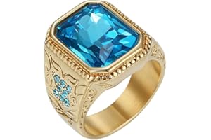PAMTIER Unisex Stainless Steel Hip Hop Classic Square Cut Blue Gemstone Signet Ring with Crystal Inlay Special Flowers Pattern