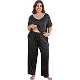 Givtzzod Plus Size Women Pajama Sets Short Sleeve Long Pants Solid Color Sleepwear V Neck Casual Lounge Sets Nighty