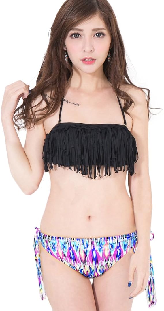Amazon ボタニカル柄 エスニック柄フリンジバンドゥー2点セットビキニ Lipcrownオリジナル 水着 レディース 体型カバー ビキニ セパレーツ 通販
