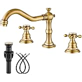 gotonovo Bathroom Faucet 3 Hole 8 Inch Widespread Bathroom Sink Faucet 2 Cross Handles Vintage Lavatory Vanity Mixer Tap with Pop Up Drain, HOT Cold Label, Antique Brass