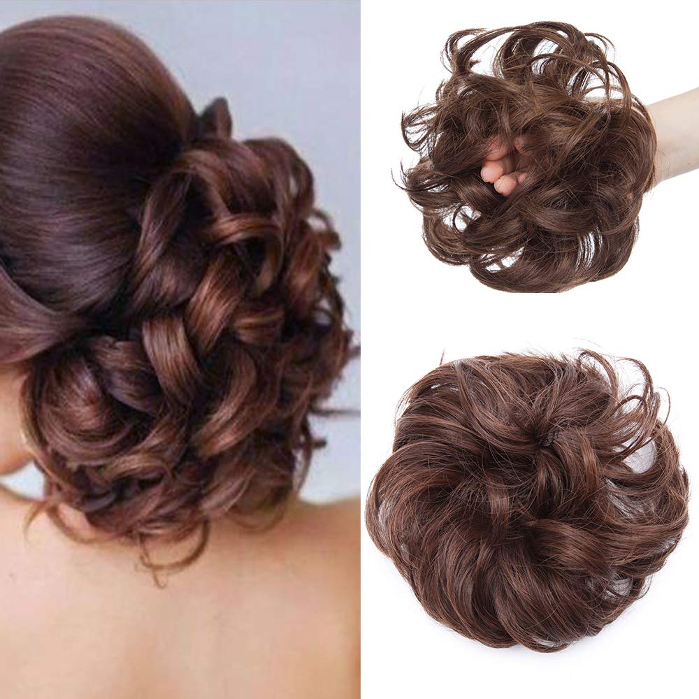 Silk-co Scrunchy Scrunchie Bun Short Messy Hair Bun Donut Hair Updo Hairpiece Ribbon Ponytail Extensions -Dark Brown & Auburn[35g]