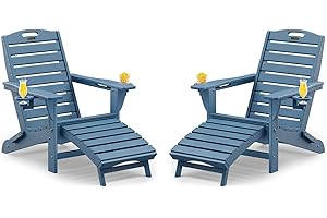 SUUNYN Folding Adirondack Chairs Set of 2,Adirondack Chair with Retractable Ottoman,Plastic Adirondack Chairs with 2 Cup Holder,Weather Resistant Patio Chair,Outdoor Chairs Set of 2(Navy Blue)