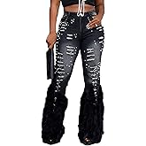 LETSVDO Women's Flare Ripped Pearl Jeans High Waist Distressed Feather Bell Bottom Stretchy Denim Pants