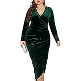 TINSTREE Womens Plus Size Long Sleeve Velvet Bodycon Dresses Sexy Ruched Wrap Deep V Neck Party Cocktail Dress