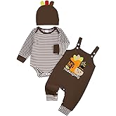 KtwHarnu My 1st Thanksgiving Baby Boy Outfit Newborn Infant Striped Long Sleeve Romper Suspender Overalls Pants Hat 3Pcs Set