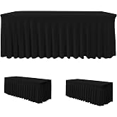 Rectangle Spandex Tablecloth Fitted Stretch Table Skirts 2 Pcs 8ft Black | 8 Foot Stretchy Table Cover,Ruffle Design,Wrinkle-Free Elastic Table Cloth For Wedding Banquets,Trade Shows, Parties, Events