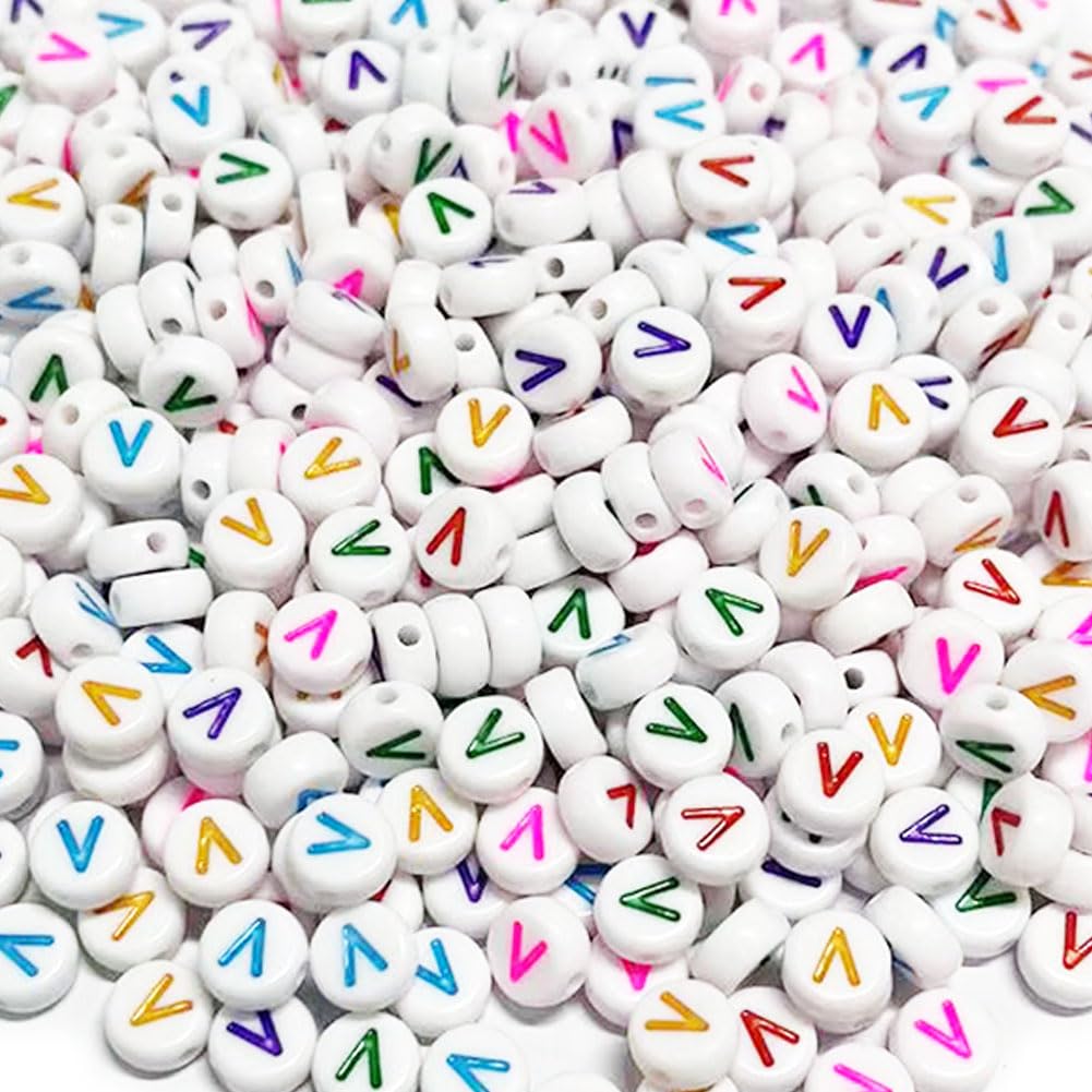 500PCS 4x7mm Acrylic Letter Beads V for Friendship Bracelets Jewelry Making, White Flat Round Acrylic with Colourful Alphabet Beads for DIY Crafts Bracelets Necklaces Key Chains Phone Lanyard