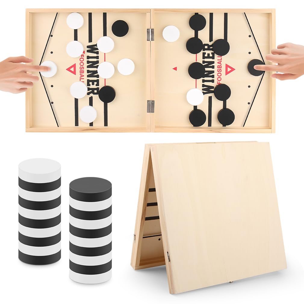 Cartlant Fast Sling Puck Game, Large Foosball Table Shuffleboard Adult Wooden Super Player Winner Pucket Board, Foldable Air Slingshot Hockey Set Tabletop Elastic Battle Shuffle Gift for Kids Boys