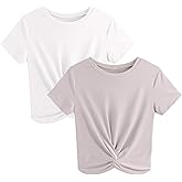 JINKESI Women's 2 Pack T-Shirts Summer Crop Tops Causal Crew Neck Short Sleeve Twist Front Tee T-Shirt