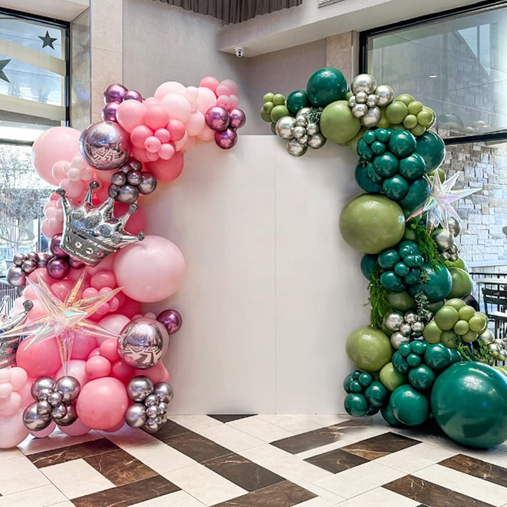 Photo 1 of 253pcs Pink and Green Balloon Garland Arch Kit, Metallic Silver Dark Green Light Pink Latex Balloons with Crown Iridescent Explosion Star Balloon for Birthday Witch Themed Party Decorations