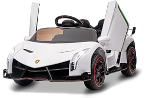 Hetoy Kids Ride On Car, Licensed Lamborghini Veneno 12V Battery Powered Electric Car w/Parent Remote Control, Scissor Door, 3 Speeds, LED Headlights, Rocking & Music, Ride on Toy for Boys Girls, White