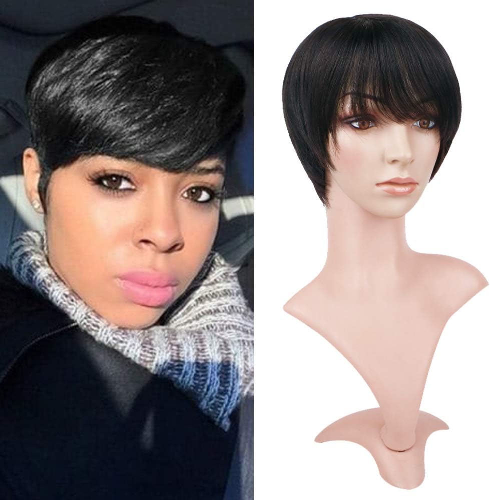 Queentas Short Pixie Wigs Human Hair with Long Bangs Natural Straight Layered Hair for White Black Women (Natural Black)