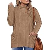 CARCOS Plus Size Sweaters for Women Turtleneck Cable Knit Sweater Long Sleeve Pullover Tops Casual Solid Shirts with Pockets