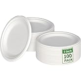 Aricsen 100 Pack 9 Inch Compostable Disposable Round Paper Plates, Natural White Biodegradable Sugarcane Bagasse PFAS-Free Eco-Friendly Dinner Plates for Party Wedding Picnic BBQ (100, 9 INCH)
