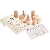 BOHS 3D Shapes for Teaching Kids, 10-Piece Wooden Geometric Solids | Canvas bag; shape-name card; guessing and hide-and-seek activities; tactile discovery; home, preschool and classroom use