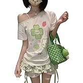Y2K Harajuku Cartoon Print T-Shirts Gothic Women Cutecore Shirt Fashion Off Shoulder T Shirt Kawaii Sweet Girls Tees Tops