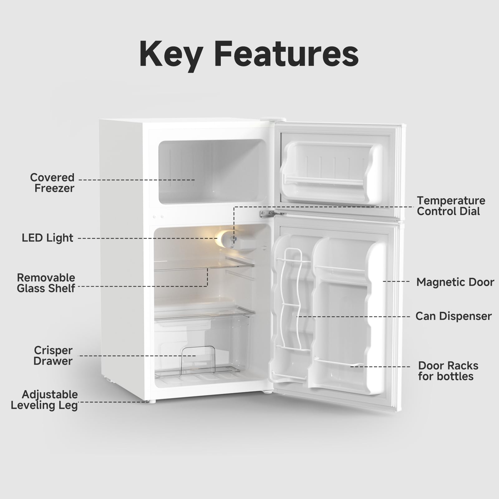 BANGSON Mini Fridge with Freezer, 2 Door Small Refrigerator with Freezer, Small Fridge for Bedroom, 3.2 CU.FT, For Home, Office, Dorm, Garage or RV, White